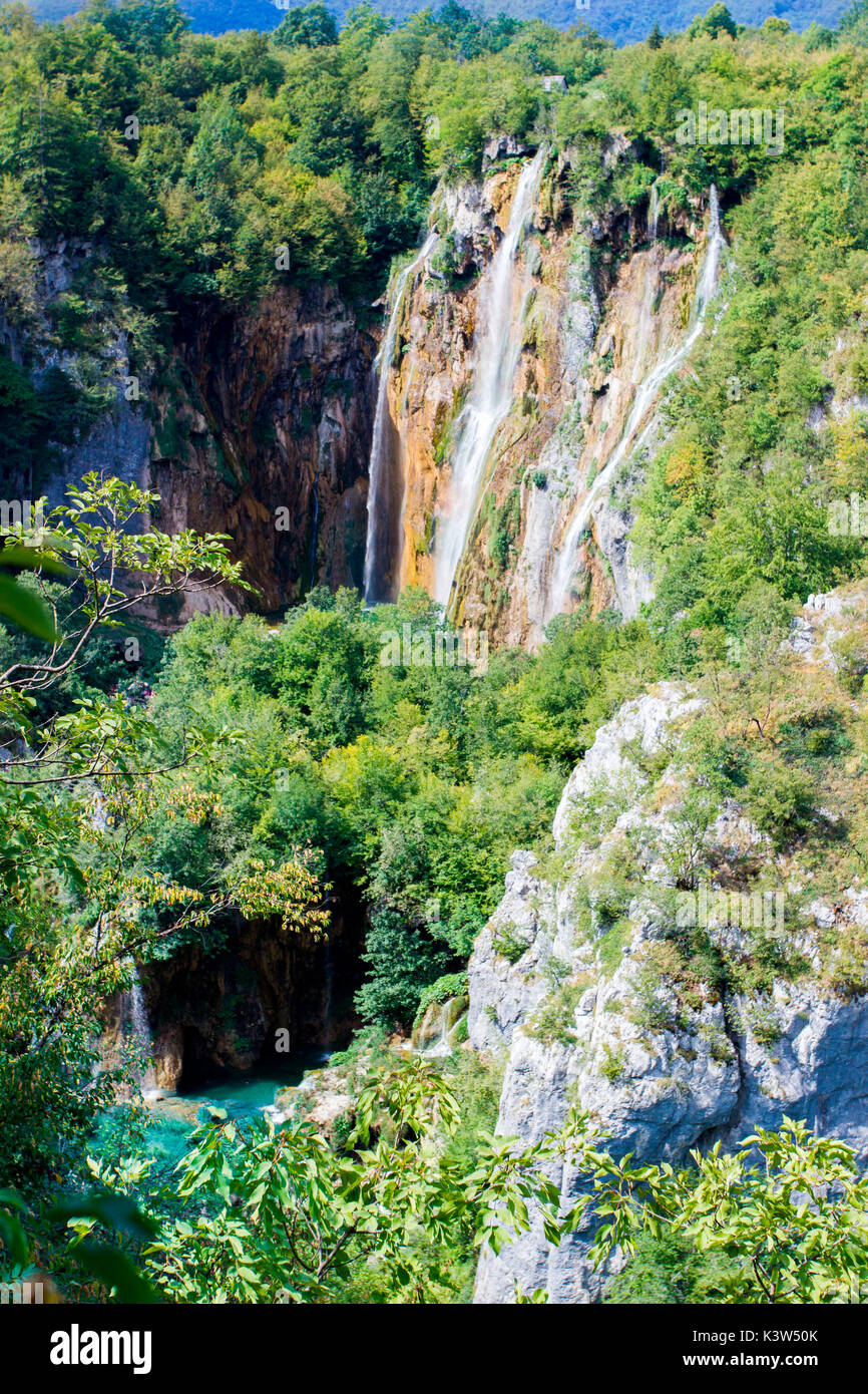 Les lacs de Plitvice, Croatie, Europe. Les étangs et chutes dans le vert de la végétation Banque D'Images