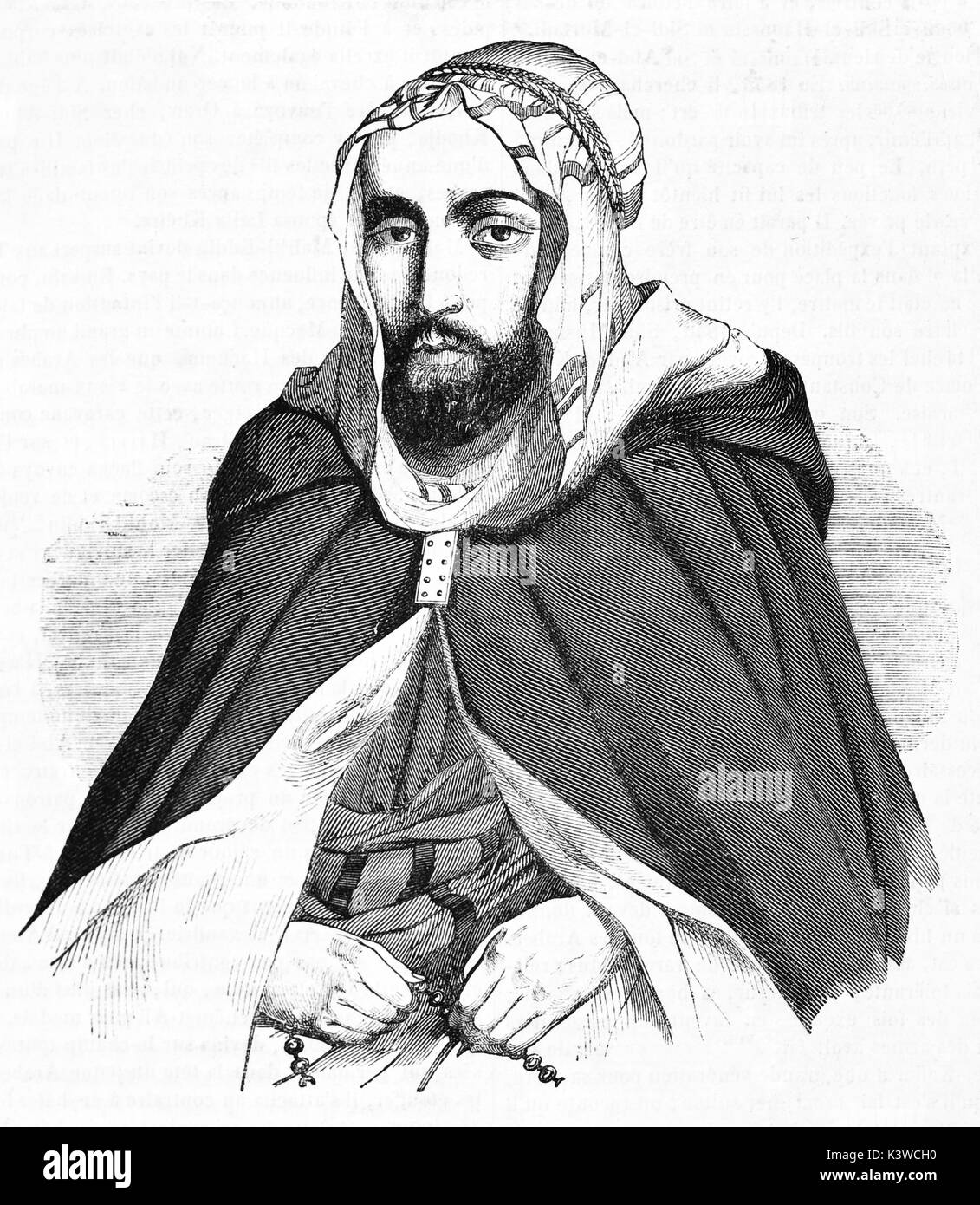 Ancien portrait gravé d'Abd el-Kader, chef militaire et religieux algérien. Créé par Lordon après Rabier, publié le Magasin Pittoresque, Paris, 1841 Banque D'Images