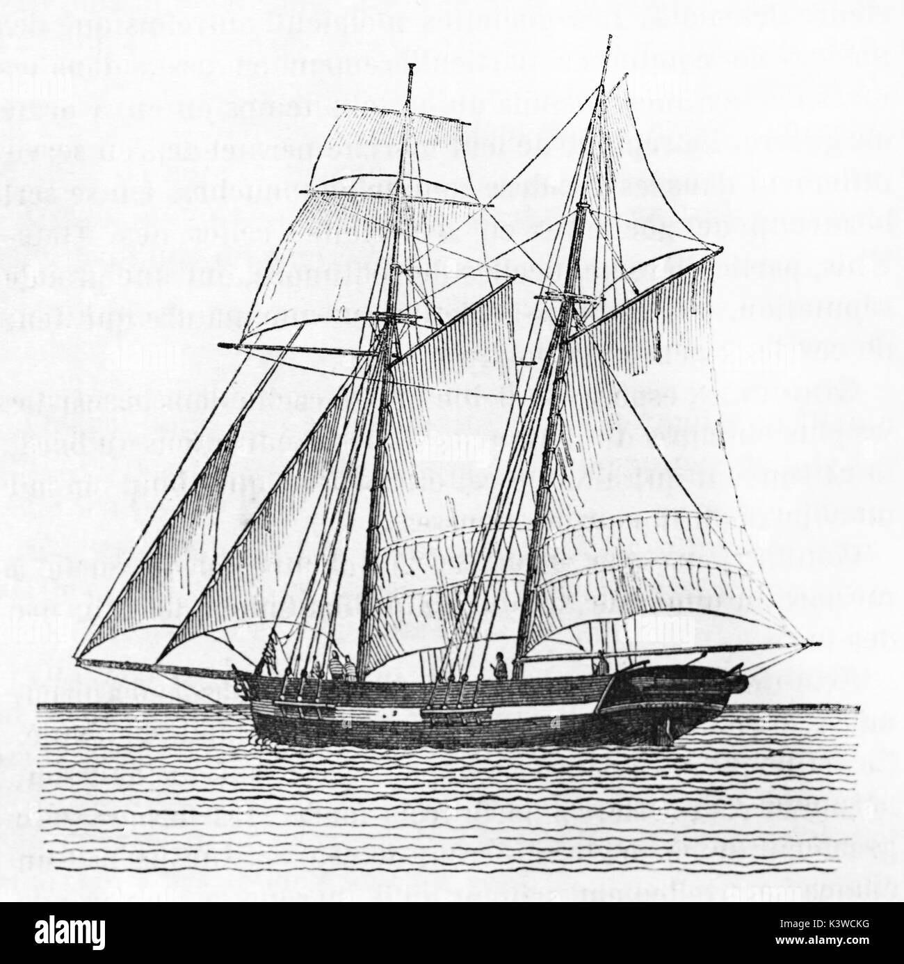 Vieille illustration d'une goélette de commerce électronique (vue du côté gauche). Par auteur non identifié, publié le Magasin Pittoresque, Paris, 1841 Banque D'Images