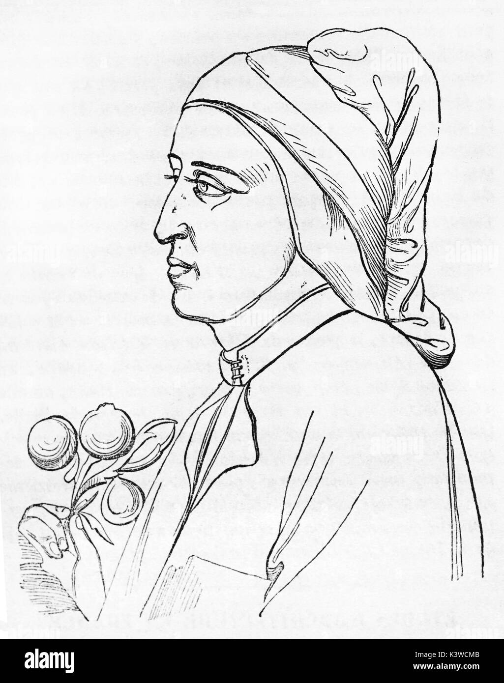 Ancienne enragved portrait de Dante Alighieri (1265 - 1321), grand poète italien. Après la peinture de Giotto, publié le Magasin Pittoresque, Paris, 1841 Banque D'Images