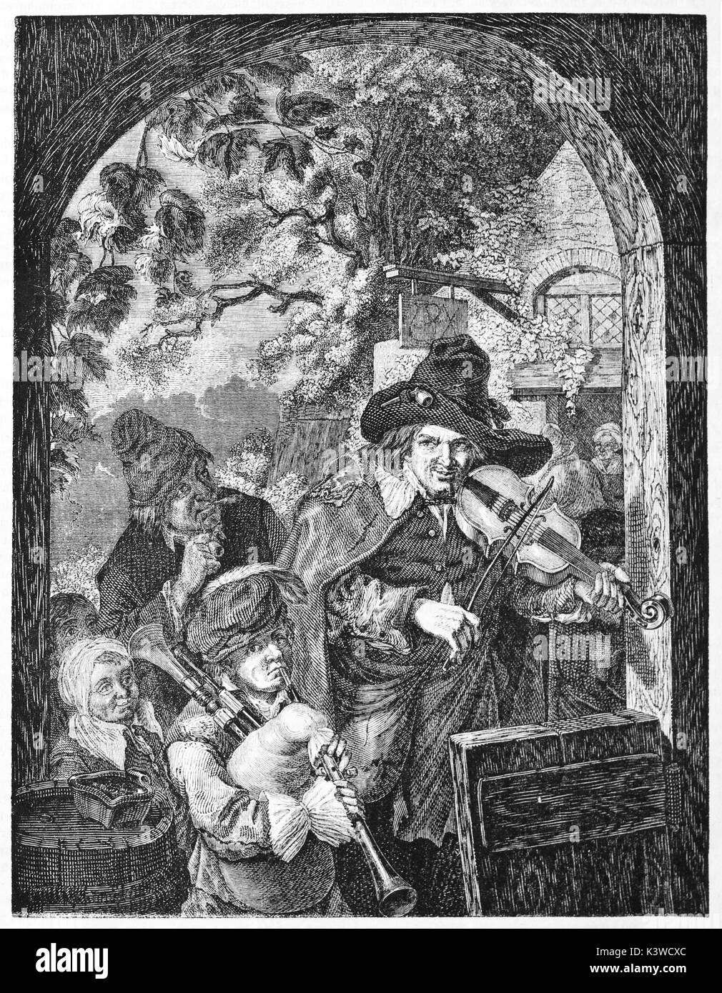 Les Musiciens ambulants (buskers) vieille illustration, créé byD'Alençon après Dietrich et Wille. Publié le Magasin Pittoresque, Paris, 1841 Banque D'Images