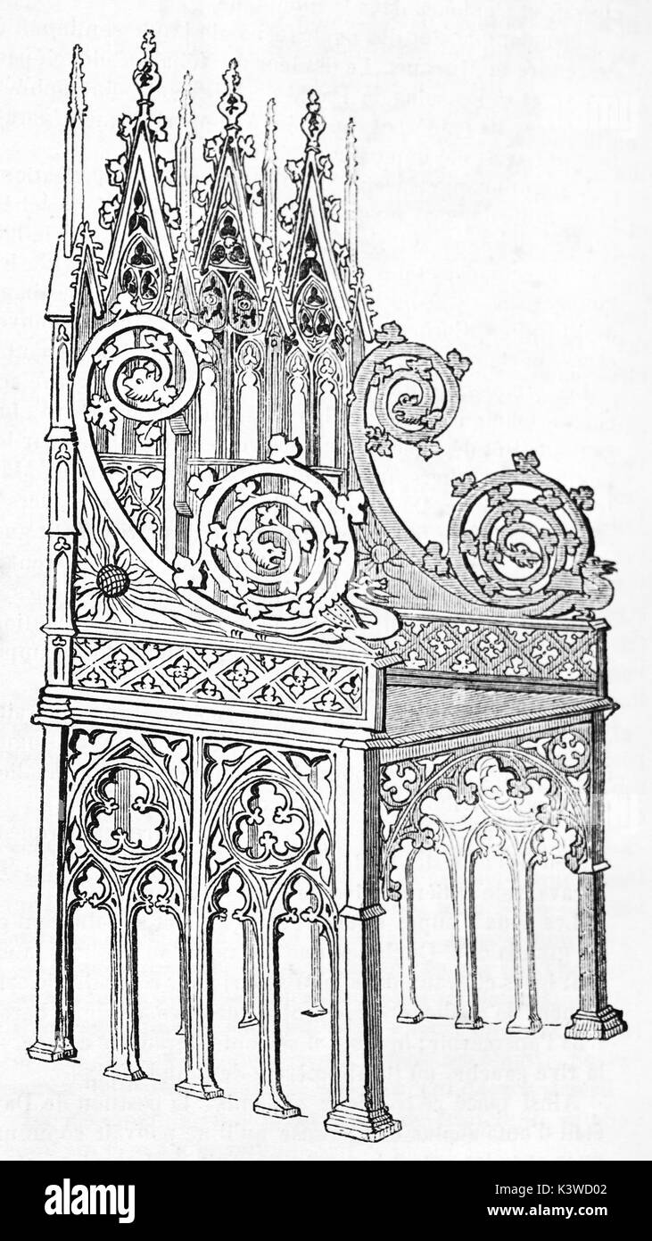 Vieille illustration de Martin d'Aragon son fauteuil à Barcelone Cathédrale. Par auteur non identifié, publié le Magasin Pittoresque, Paris, 1841 Banque D'Images