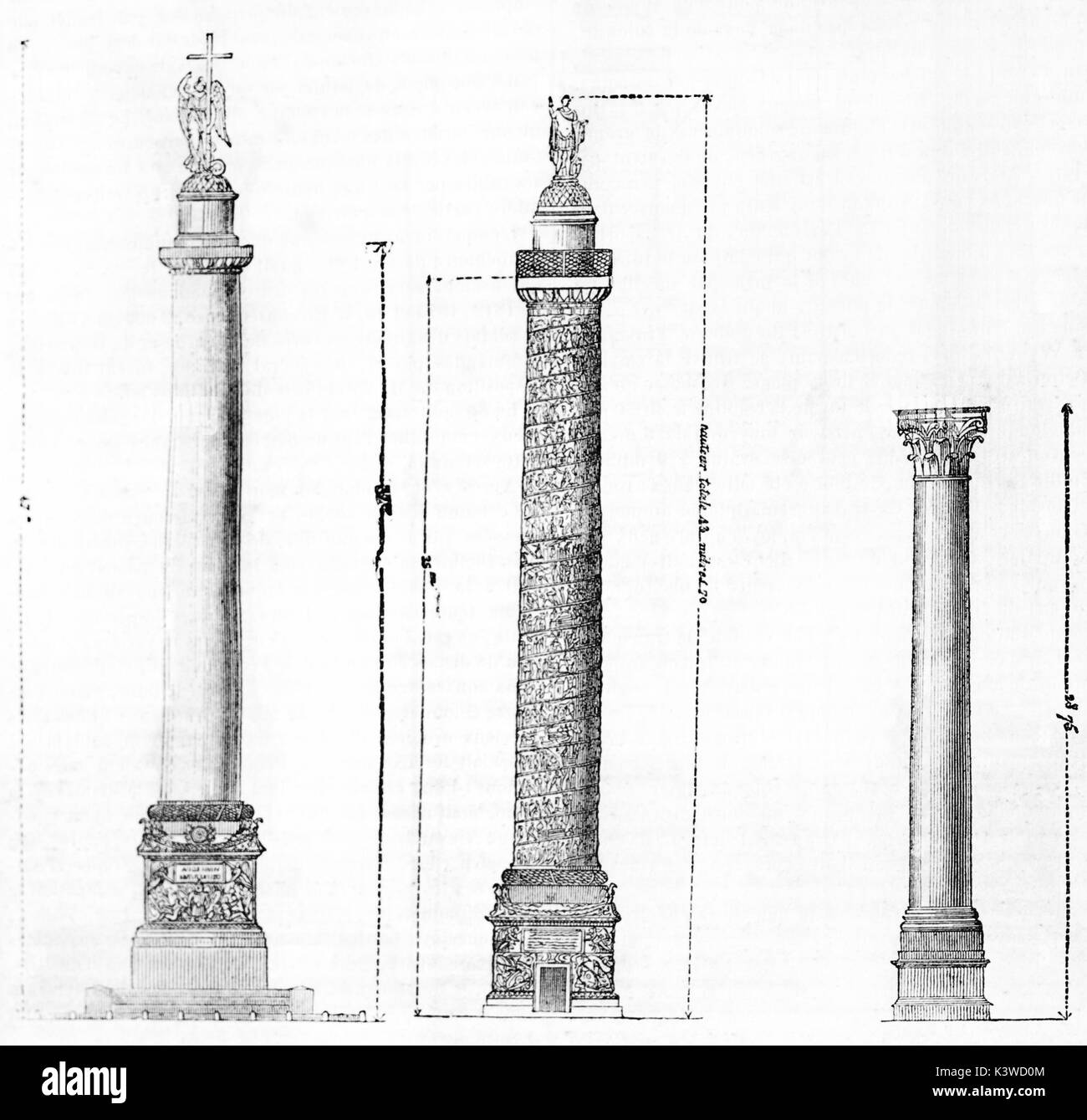 Illustrations de l'ancienne colonne Alexandre (Saint Petersbourg), colonne de Traian (Rome) et la colonne de Pompée (Alexandrie). Par auteur non identifié, publié le Magasin Pittoresque, Paris, 1841 Banque D'Images