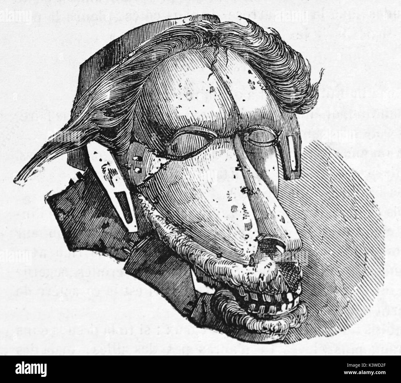 Vieille illustration d'un masque polynésien. Créé par Lebreton, publié le Magasin Pittoresque, Paris, 1841 Banque D'Images