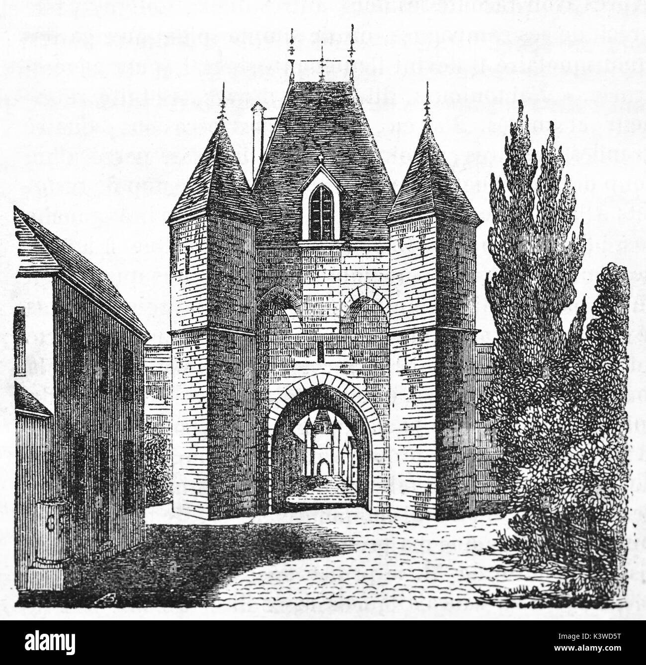 Vieille illustration de Villeneuve-le-Roi porte, dans la banlieue sud de Paris. Par auteur non identifié, publié le Magasin Pittoresque, Paris, 1841 Banque D'Images