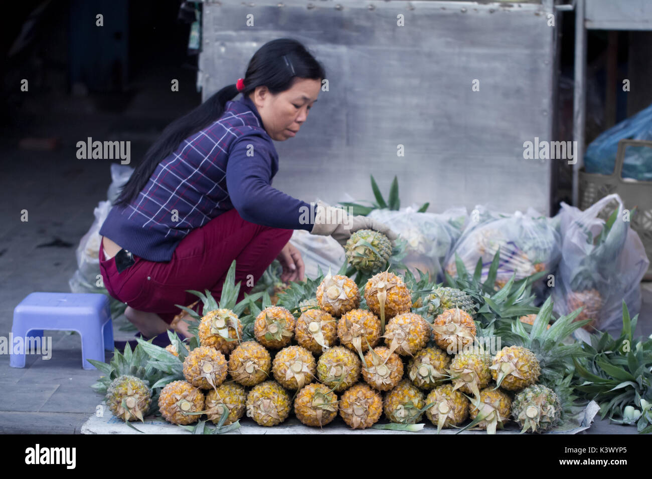 Saigon, Vietnam - Juin 2017 : femme vendant des ananas sur la rue du marché, Saigon, Vietnam. Banque D'Images