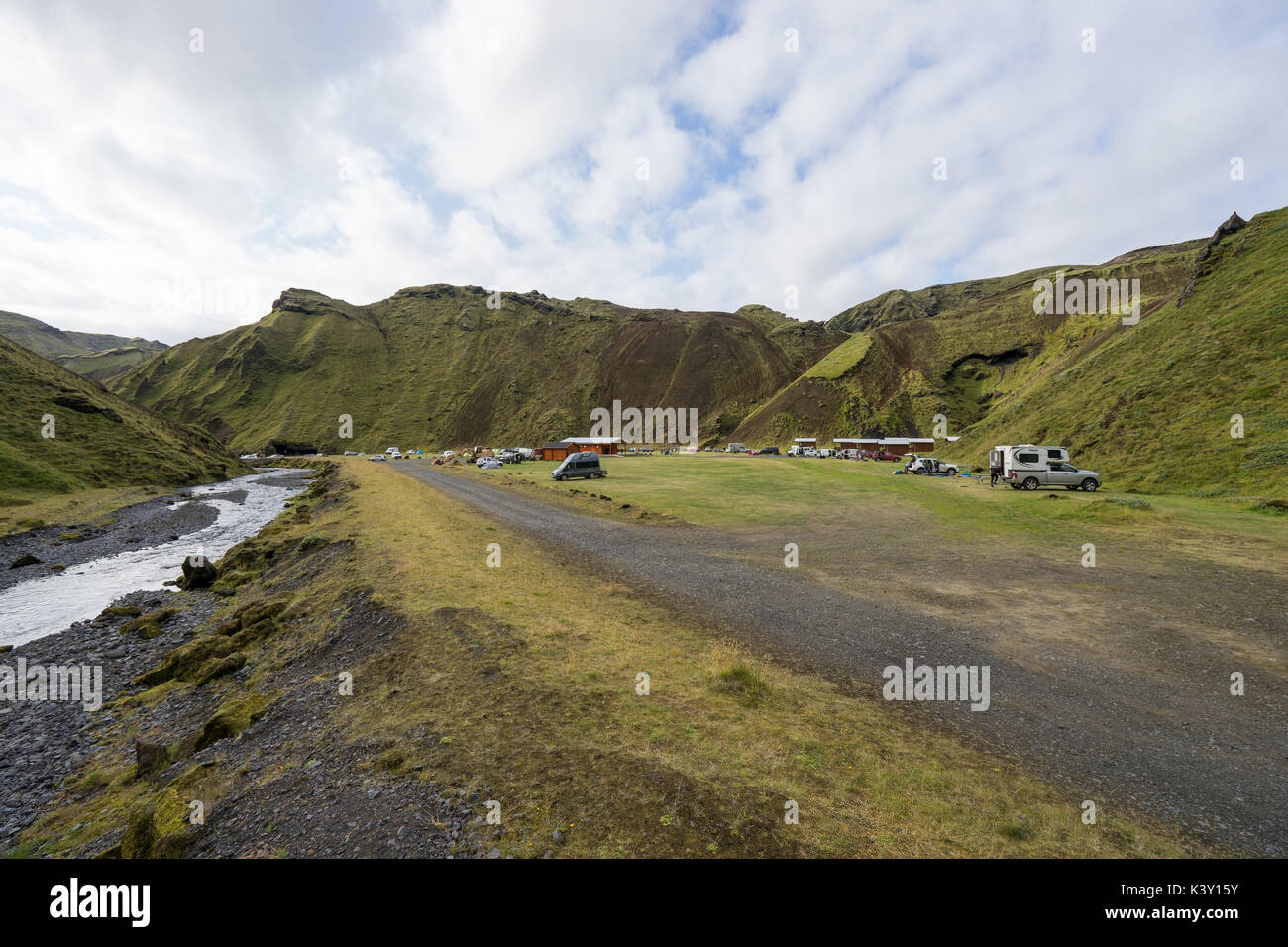 Thakgil terrain de camping dans le sud de l'Islande. Banque D'Images