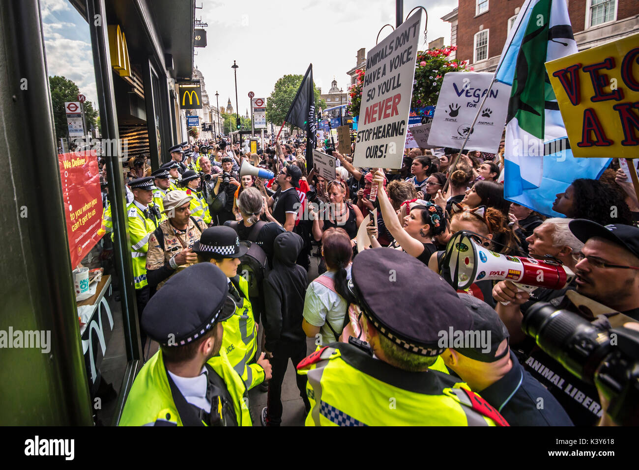 Des manifestants pour les droits des animaux sont le siège d'un restaurant McDonalds à Whitehall, Londres, Royaume-Uni. Mobe en colère avec des pancartes Banque D'Images