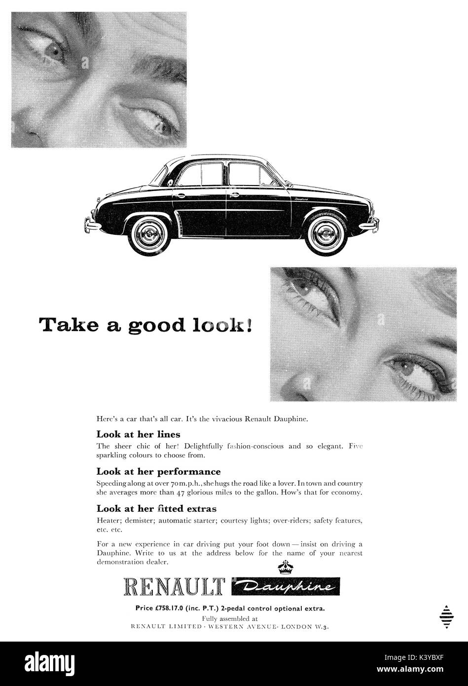 1959 La publicité pour la voiture à moteur Renault Dauphine. Banque D'Images
