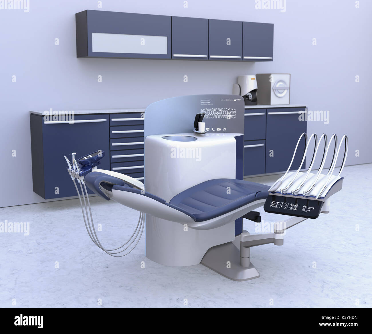 L'intérieur du cabinet dentaire avec l'équipement de l'unité d'un bleu métallique et le cabinet. Le rendu 3D image. Banque D'Images