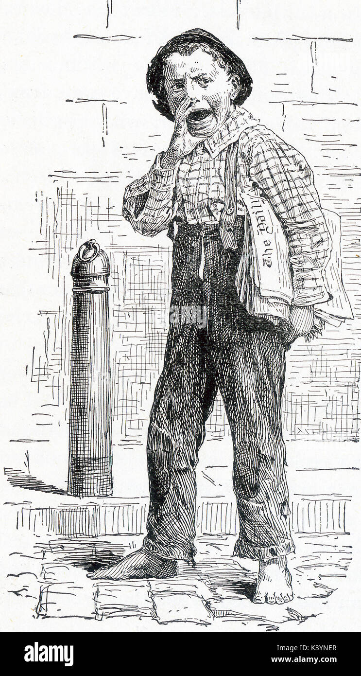 Ce bâtiment de la fin du xixe siècle l'illustration montre un paperboy à New York City. Le sous-titre suivant : 'Ext-r-ah 'Dishun.' Banque D'Images