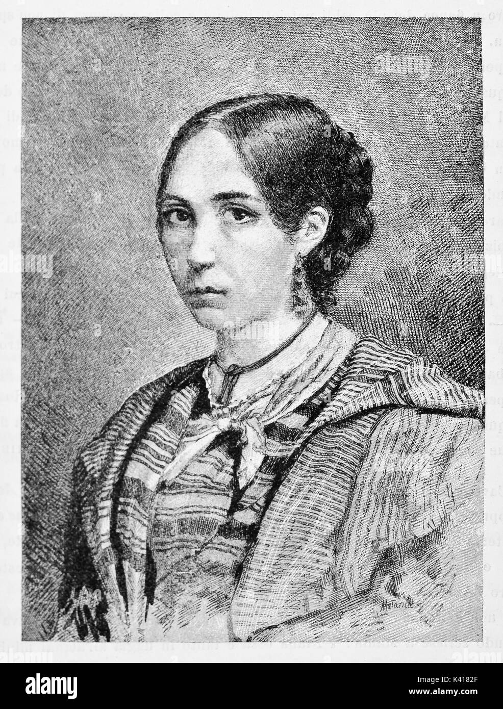 Ancien portrait d'une belle femme avec un regard sérieux et noir de cheveux attachés. Anita Garibaldi. Par E. Matania publié le Garibaldi e i suoi Tempi Milan Italie 1884 Banque D'Images