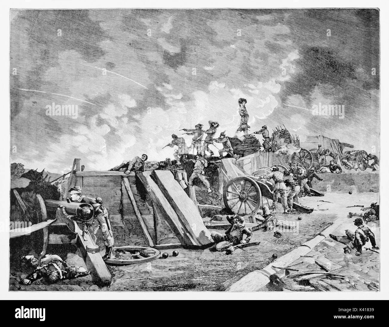 L'ancienne situation de guerre avec des soldats se battre sur une barricade. Batterie d'artillerie romaine la lutte contre l'armée française à Rome, en 1849. Par E. Matania publié le Garibaldi e i suoi Tempi Milan Italie 1884 Banque D'Images
