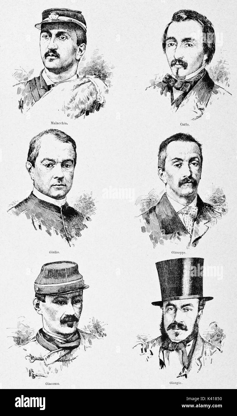 Ensemble isolé d'anciens hommes visages. Portraits de frères De Cristoforis, Italien patrios. Par E. Matania publié le Garibaldi e i suoi Tempi Milan Italie 1884 Banque D'Images