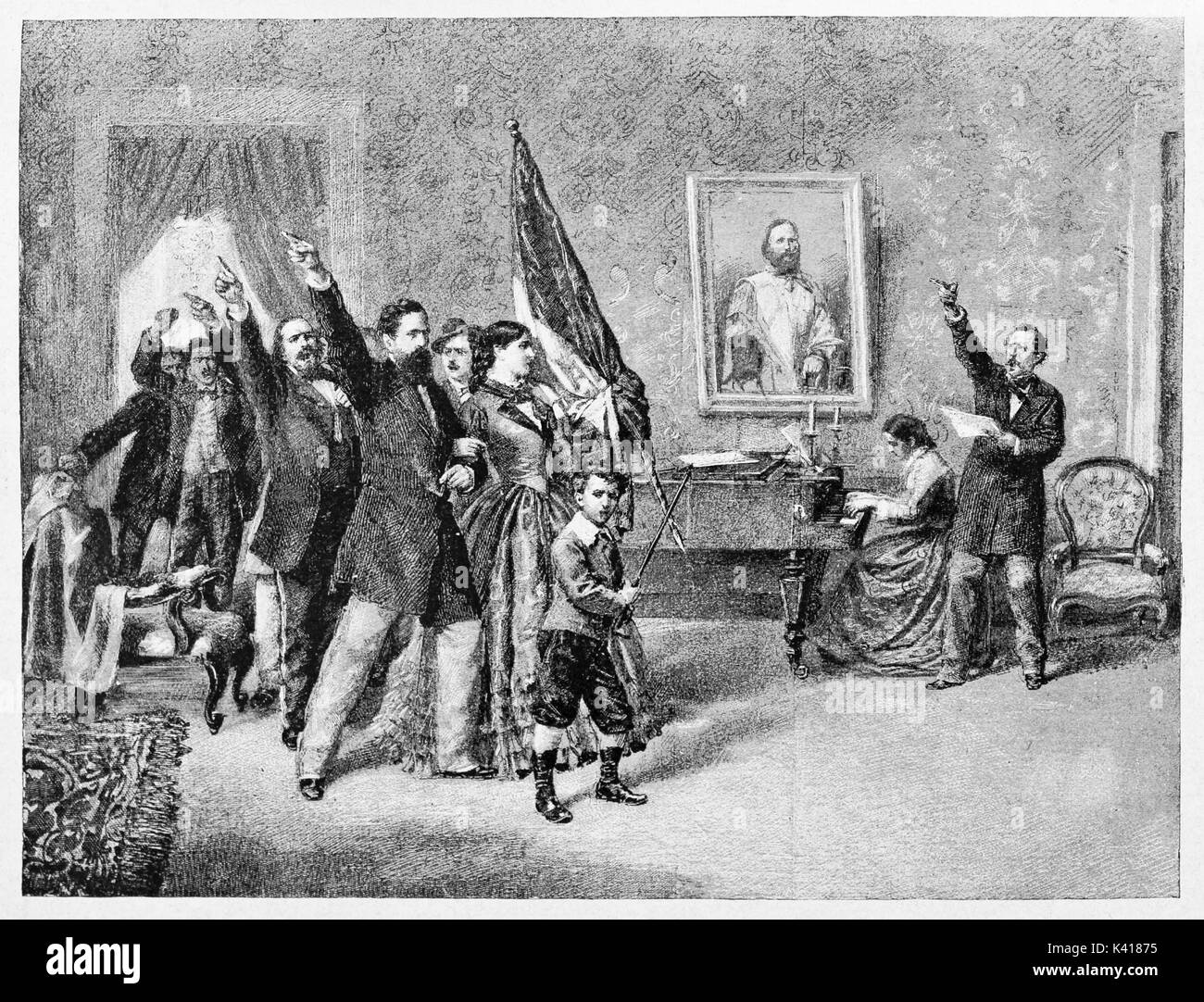 Première interprétation de l'hymne de Garibaldi, 1858 : patriotes aux bras levés sous le portrait de Garibaldi, femme au piano, drapeau tricolore. Milan, 1884. Banque D'Images