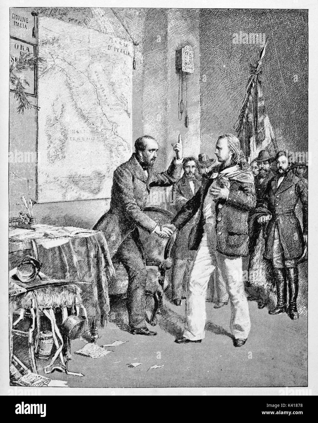 Les jeunes se réunit Garibaldi Mazzini dans une chambre avec la carte italienne sur un mur. Ils parlent ensemble et ils se serrent la main. Par E. Matania publié le Garibaldi e i suoi Tempi Milan Italie 1884 Banque D'Images