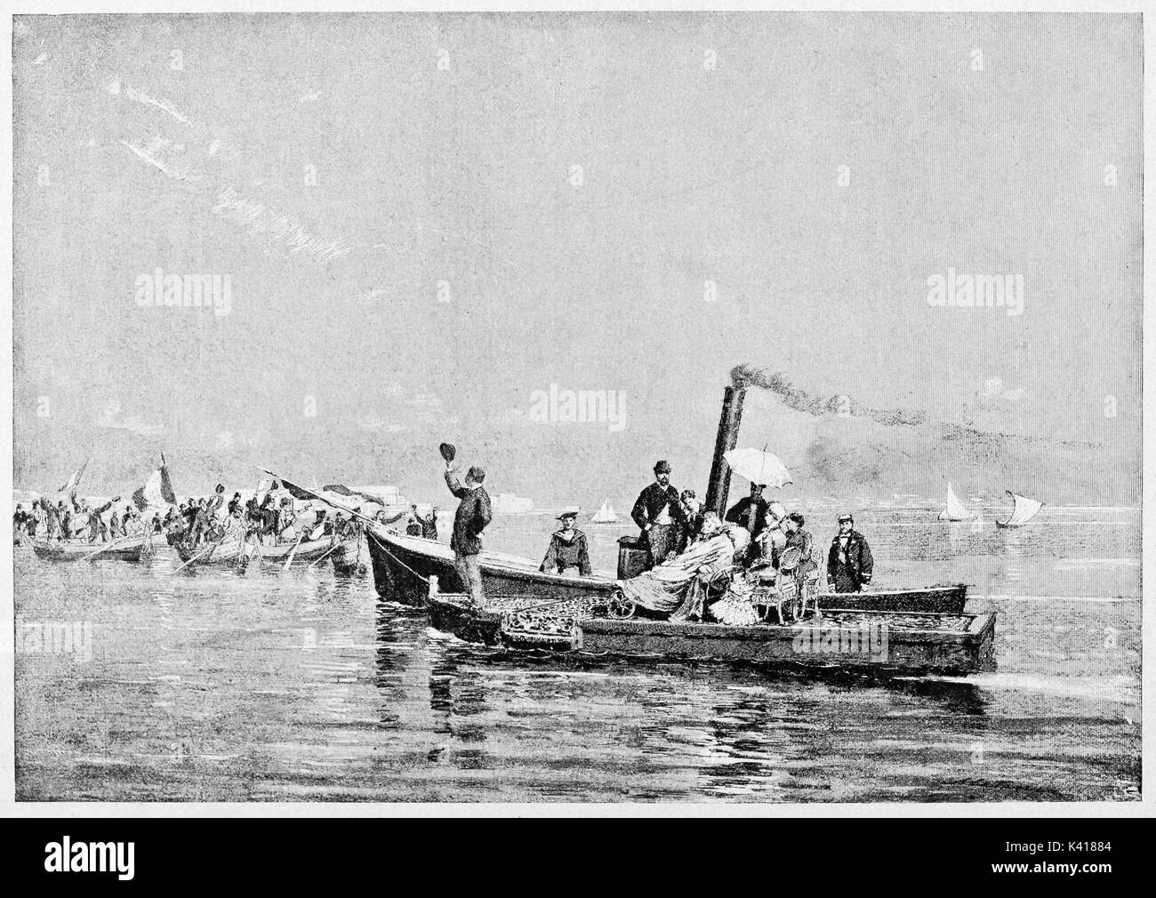 L'arrivée de Garibaldi à Naples, le 21 janvier 1882. Il voyage sur un petit bateau assis sur son wellchair. Par E. Matania publié le Garibaldi e i suoi Tempi Milan Italie 1884 Banque D'Images