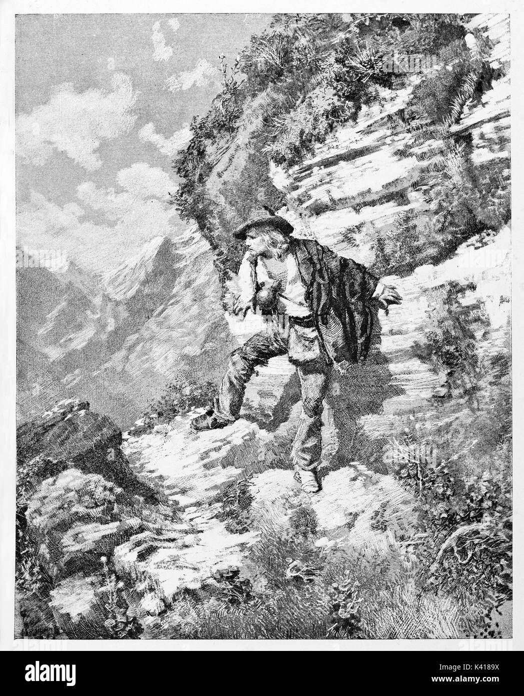 Ancien jeune homme s'enfuit et se cache dans les rochers. Runaway Garibaldi dans les montagnes de Sestri Levante en Italie. Par E. Matania publié le Garibaldi e i suoi Tempi Milan Italie 1884 Banque D'Images