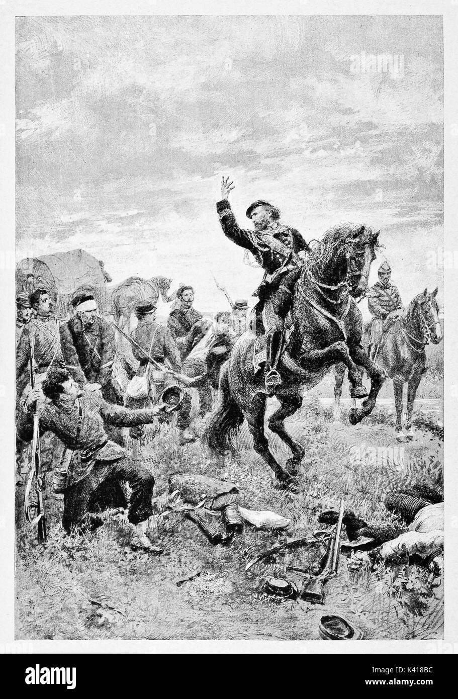 Garibaldi l'incitation à ses soldats dans Treponti en Italie. Le cheval se dresse sur une herbe. Par E. Matania publié le Garibaldi e i suoi Tempi Milan Italie 1884 Banque D'Images