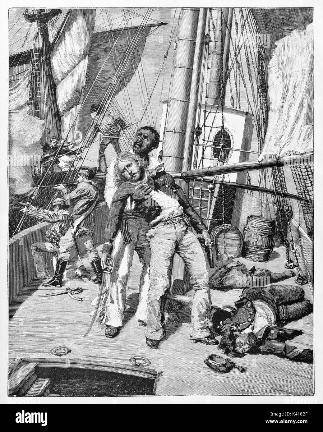 Le Général Garibaldi blessé lors d'un combat sur un bateau. Un ami le soutenir. Par E. Matania publié le Garibaldi e i suoi Tempi Milan Italie 1884 Banque D'Images