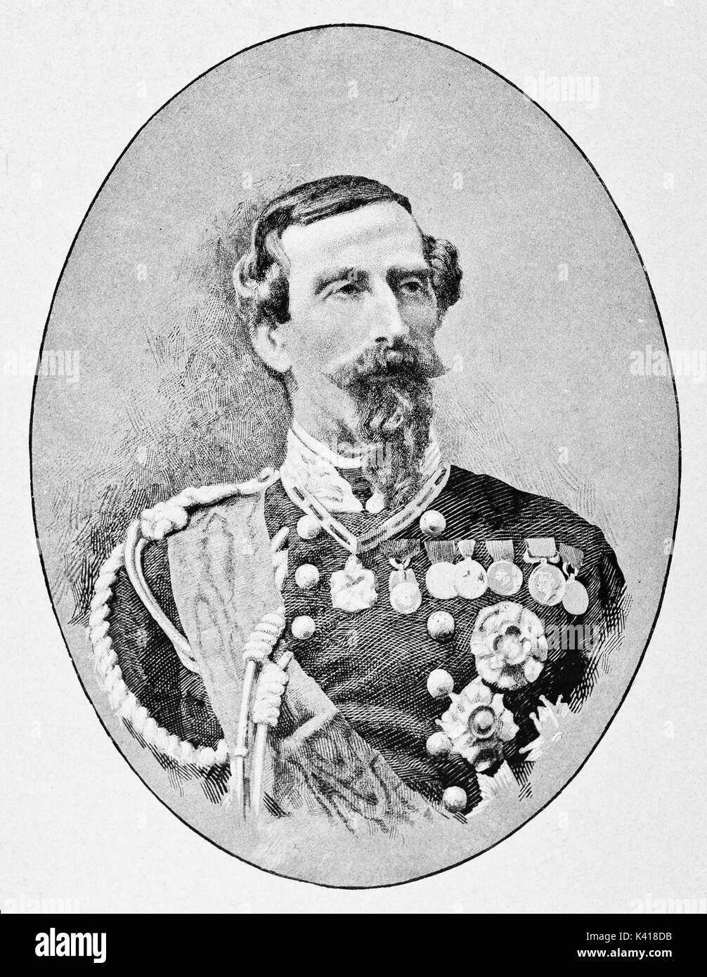 Portrait d'un ancien général posant dans son uniforme élégant plein de médailles à l'intérieur d'un cadre ovale. Alfonso Ferrero La Marmora (1804 - 1878) par E. Matania sur Garibaldi e i suoi Tempi Milan Italie 1884 Banque D'Images