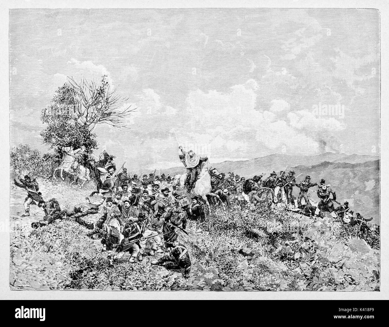 Mêlée au cours d'une bataille entre deux armées en face sur une colline. Le Général Garibaldi se tient sur son cheval se battre avec l'épée. La bataille de Milazzo. Par E. Matania sur Garibaldi e i suoi Tempi Milan, 1884 Banque D'Images
