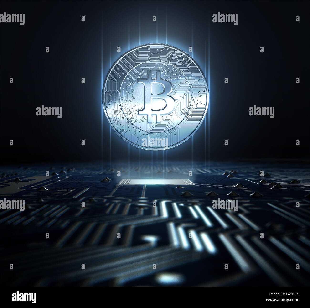 Un cryptocurrency hologramme bitcoin dans hovvering sous forme de pièce de  monnaie sur une carte de circuit imprimé- 3D render Photo Stock - Alamy