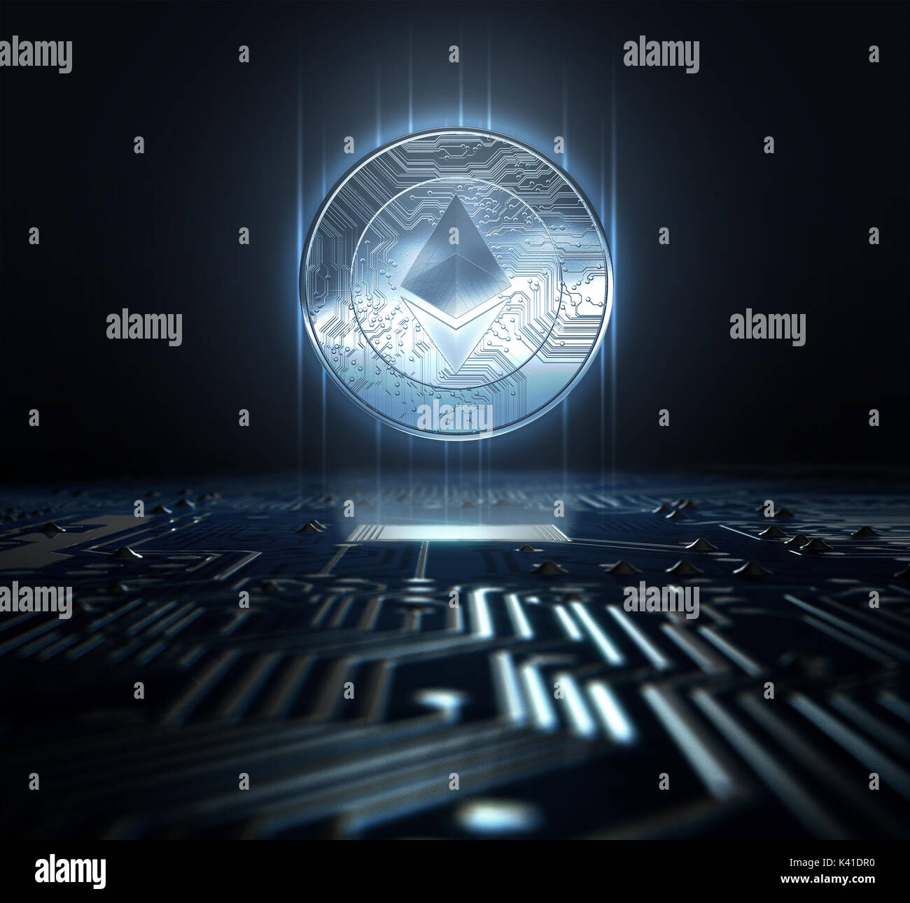Un hologramme ethereum cryptocurrency hovvering sous forme de pièce de monnaie sur une carte de circuit imprimé- 3D render Banque D'Images