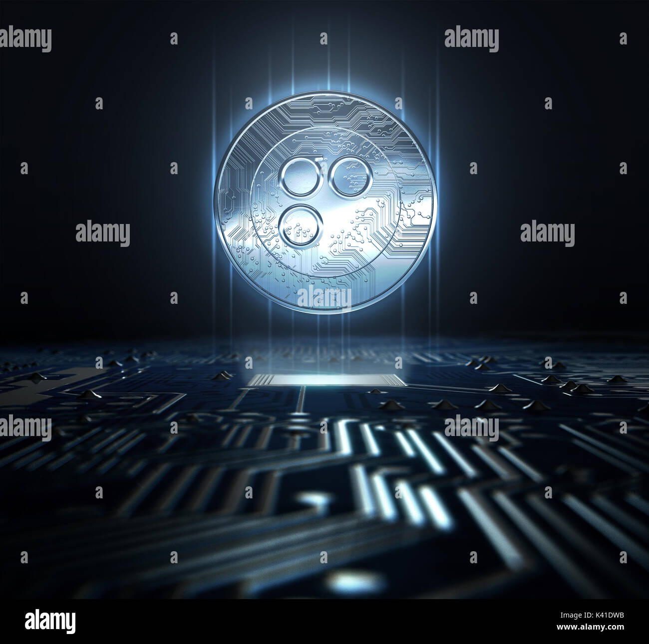 Un omisego hovvering cryptocurrency pièces d'hologramme sur une carte de circuit imprimé- 3D render Banque D'Images