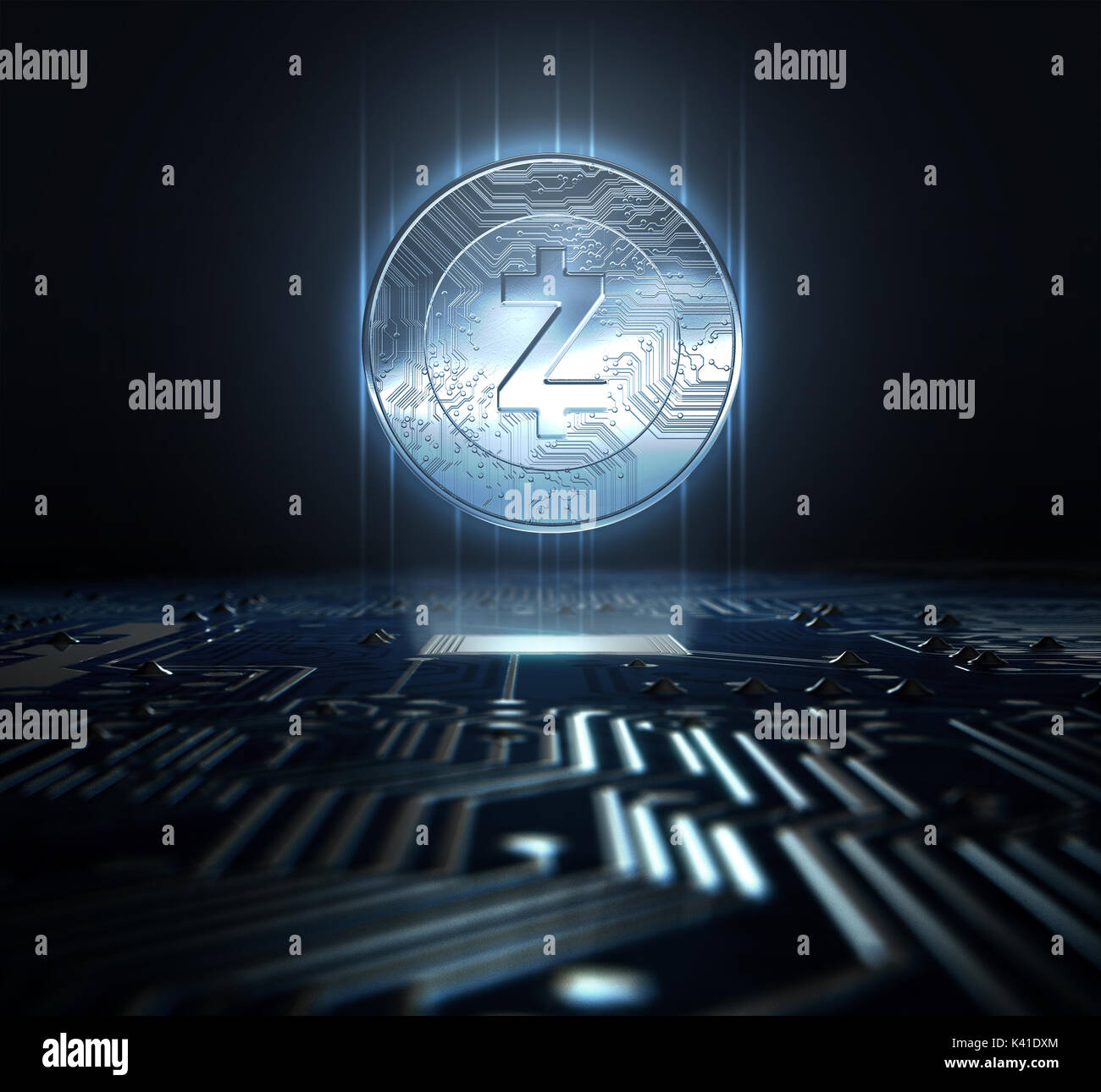 Un zcash hovvering cryptocurrency pièces d'hologramme sur une carte de circuit imprimé- 3D render Banque D'Images