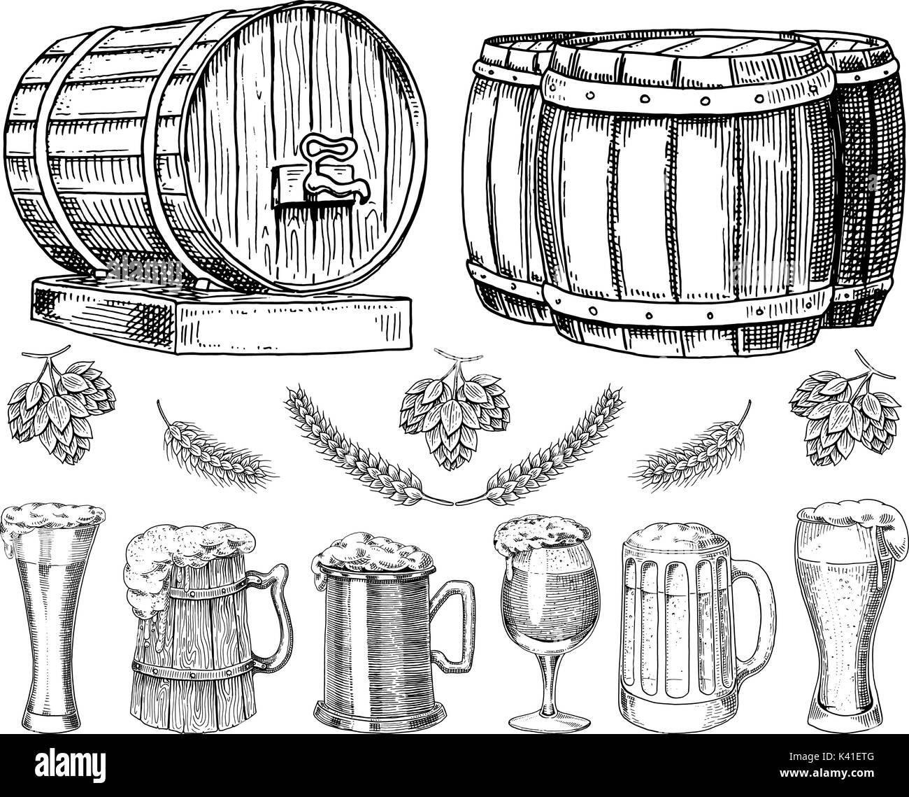 Rhum, bière ou vin tonneaux en bois classique de paysage rural. L'orge et de blé, de malt et de houblon. gravé dans la main d'encre dans le vieux style vintage et croquis pour Web ou pub menu. conception d'Oktoberfest. Illustration de Vecteur