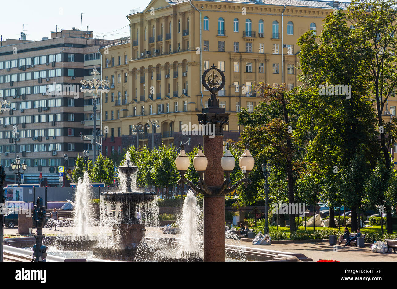 Moscou, Russie - Août 31,2017. Fontaines sur la place Pouchkine Banque D'Images