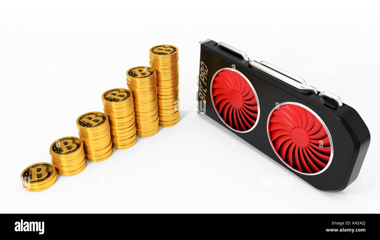 Carte vidéo et des pièces d'or. bitcoin 3d illustration. Convient pour l'exploitation minière bitcoin et autres thèmes. Banque D'Images