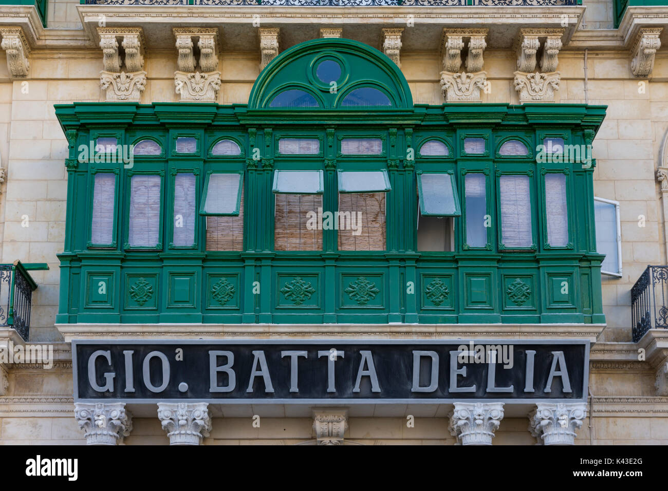 Balcon vert orné, saint, La Valette, Malte Banque D'Images