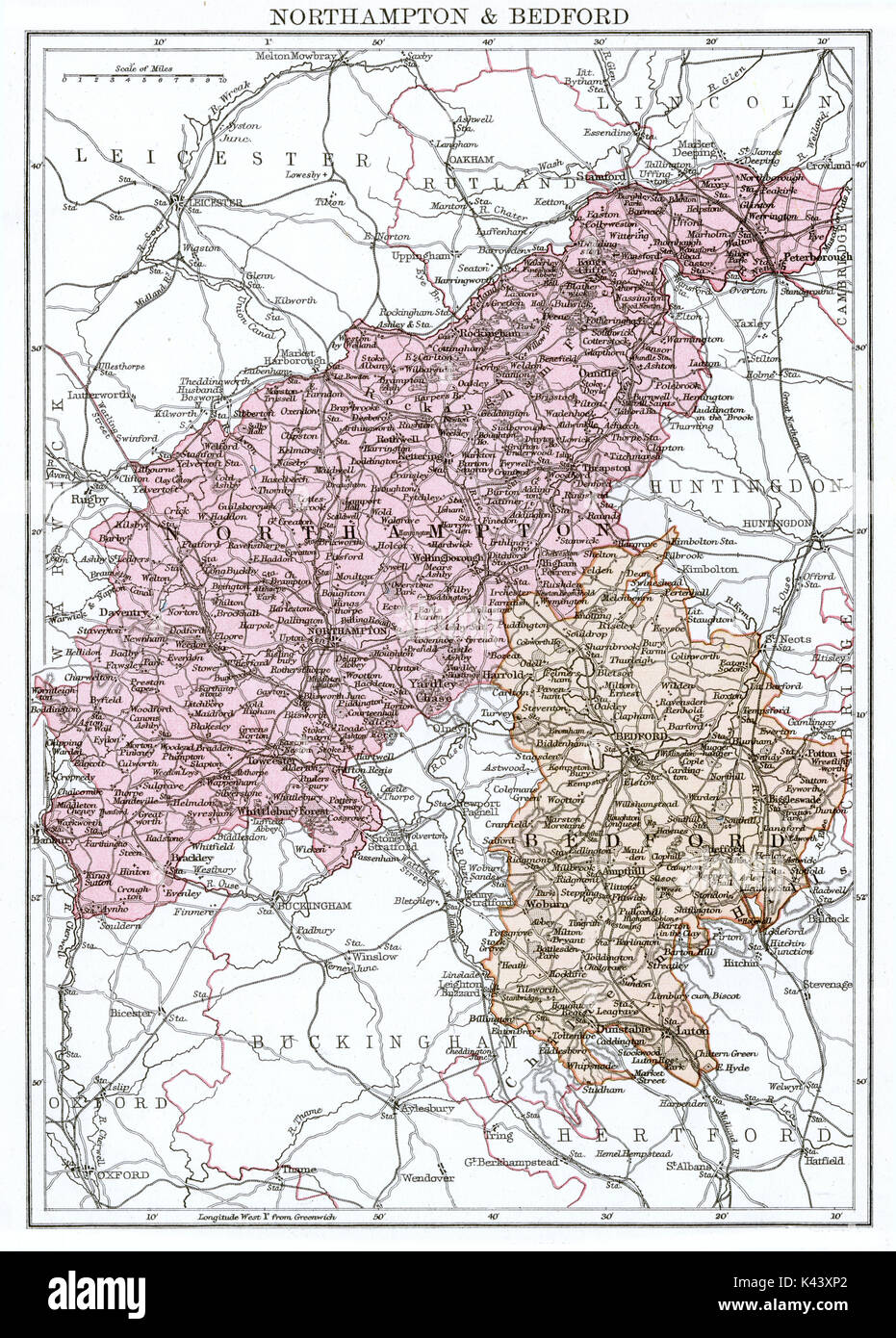 Carte antique, vers 1875, de Northamptonshire et le Bedfordshire Banque D'Images
