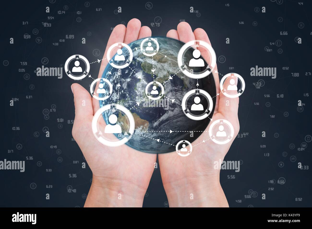 Digital composite de mains tenant un globe avec des connecteurs Banque D'Images