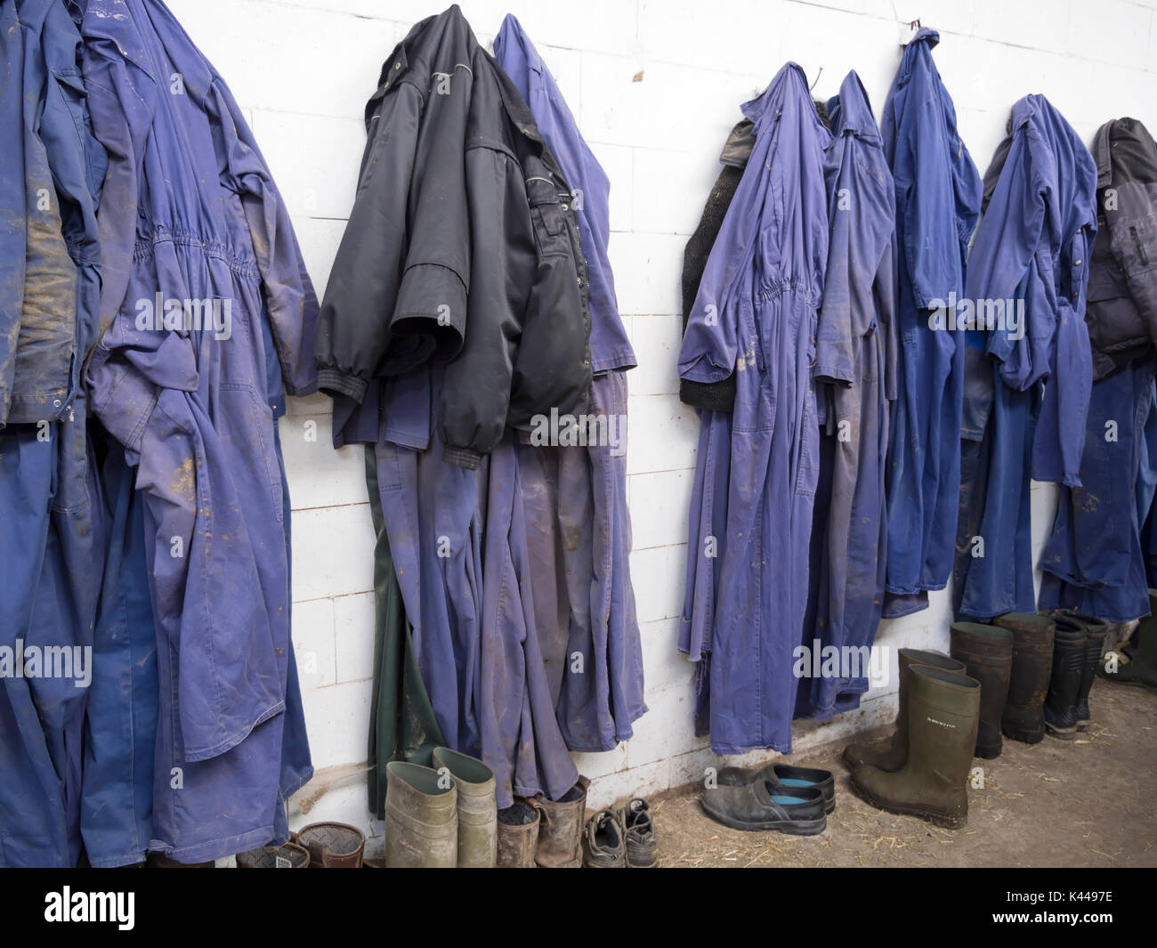 Salopette bleue et des manteaux chauds hanging on pegs dans une grange Banque D'Images