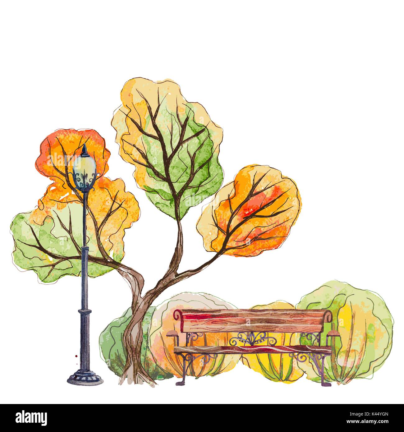 Banc de parc avec l'automne et de la lanterne Illustration de Vecteur