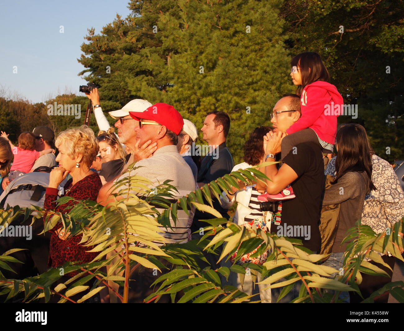 Une foule de gens regarder le Festival de montgolfières de Gatineau de Rockliffe Park, Ottawa, Ontario, Canada. Banque D'Images