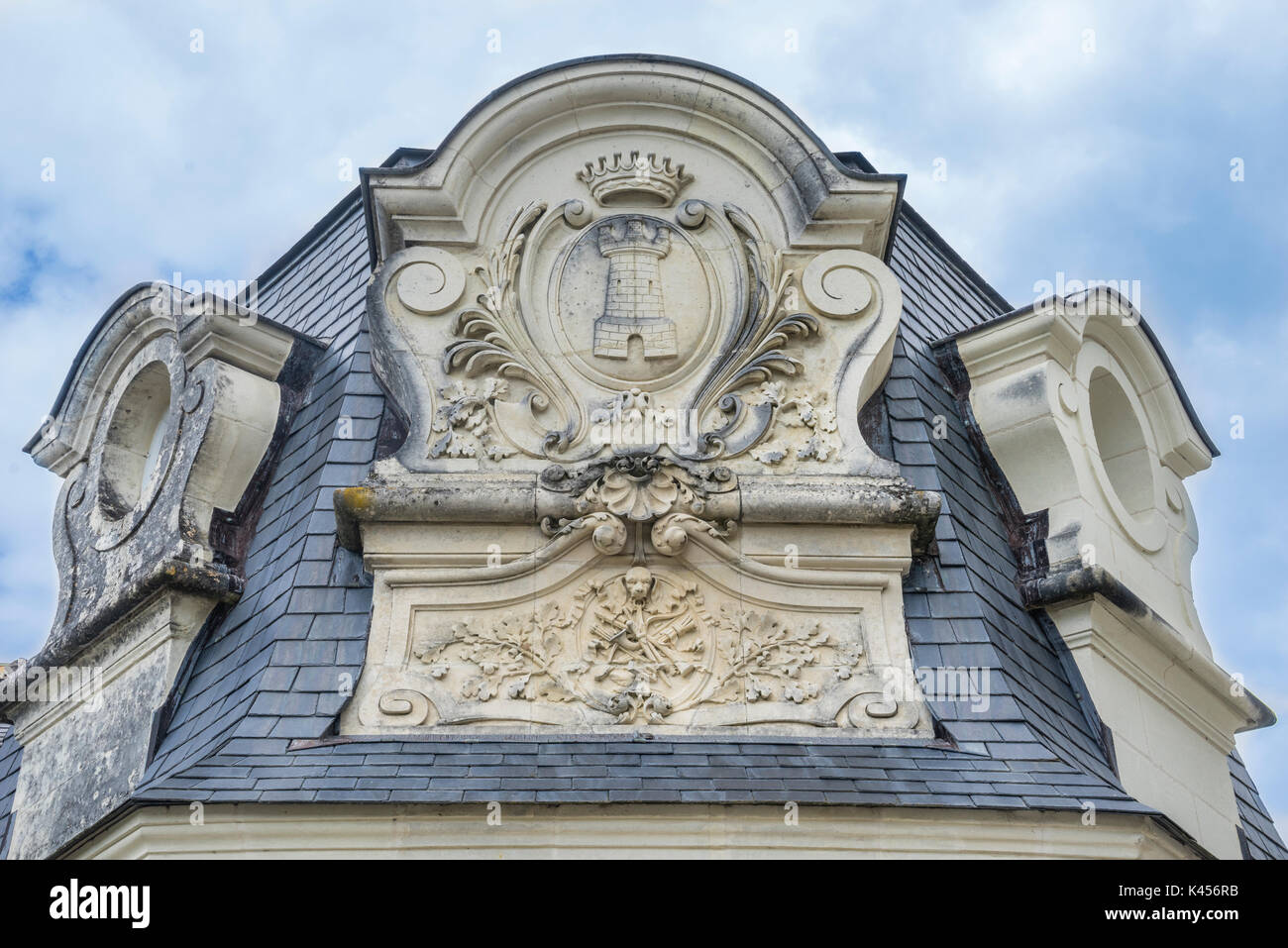 France, Indre-et-Loire, le Château de Villandry, style Fountainebleau angle de toiture avec ornement à crête Banque D'Images