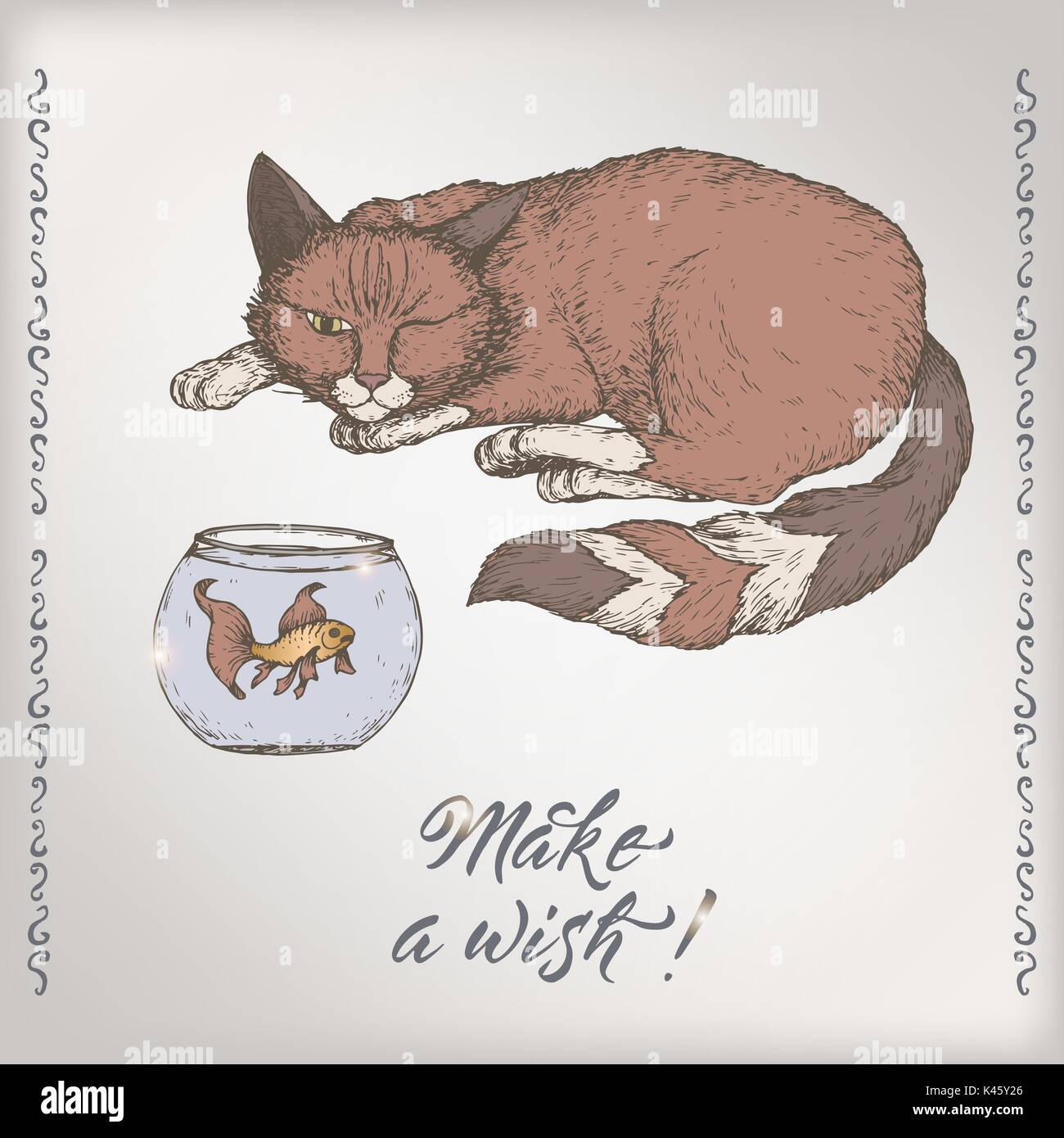 Vintage Romantique Anniversaire Modele De Carte De Couleur Avec La Calligraphie Chat Et Poisson Rouge Croquis Image Vectorielle Stock Alamy