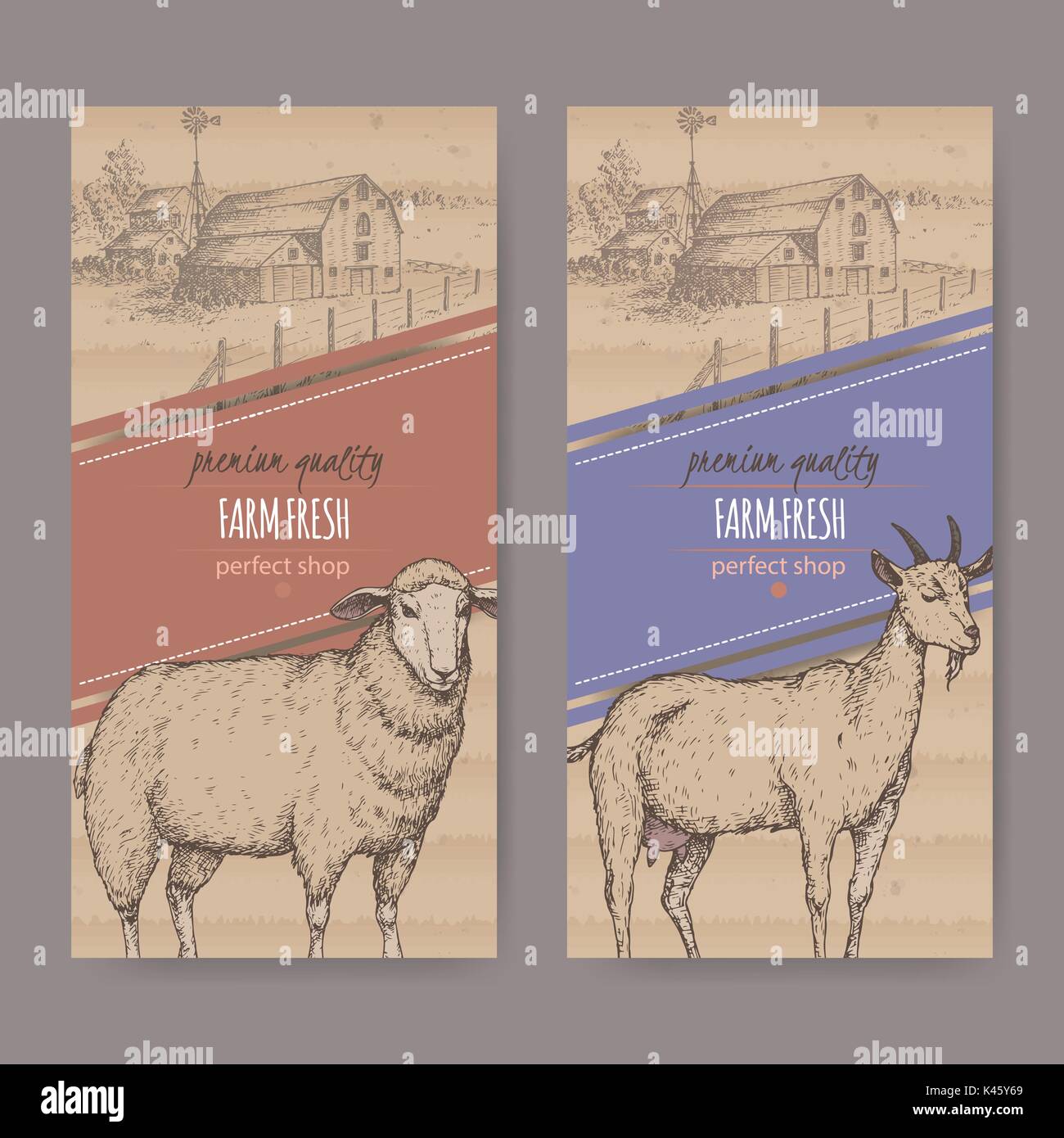 Deux simples farm shop des étiquettes avec ferme, grange, de mouton et de chèvre. Illustration de Vecteur