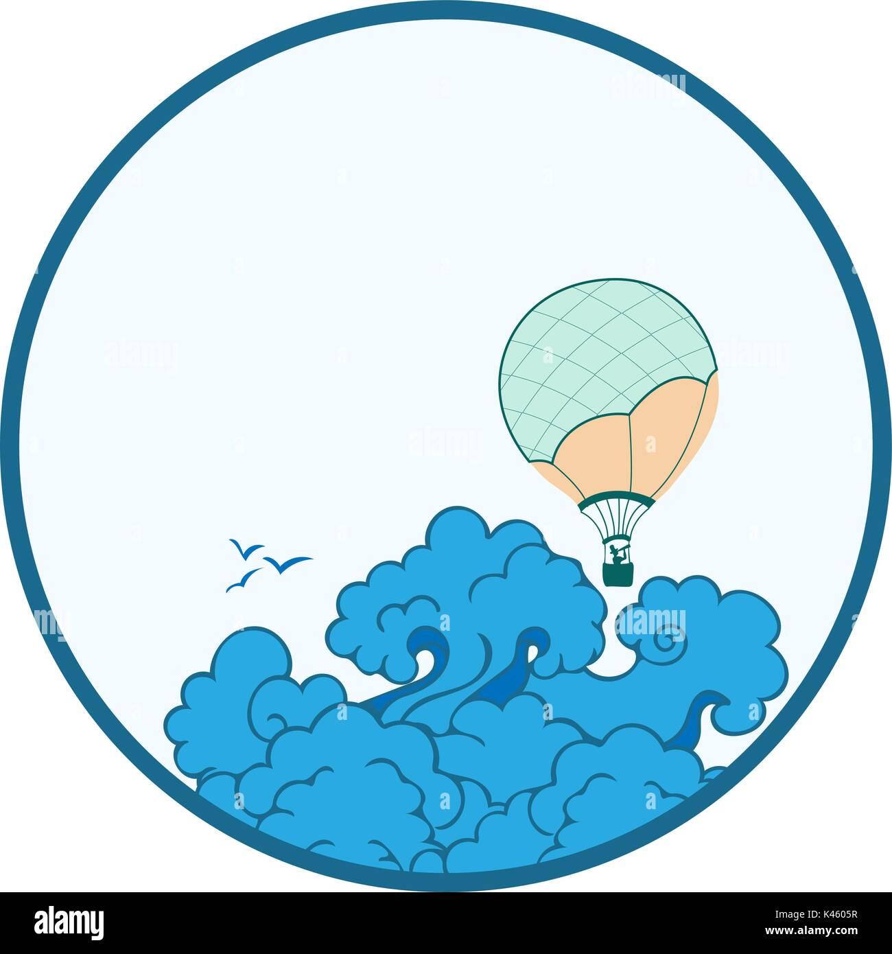 Une impression avec ballon au-dessus de l'immense nuage gonflés et une personne à la recherche dans le télescope. Illustration de Vecteur