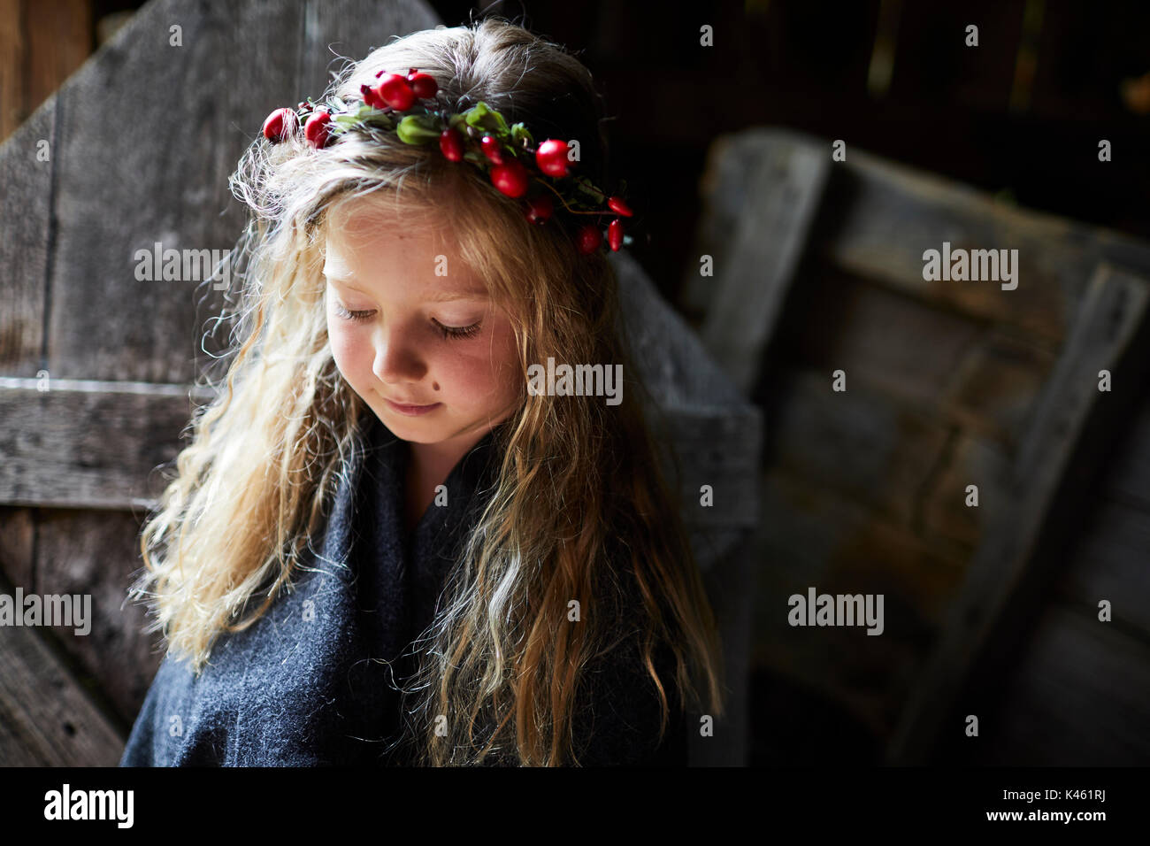 Jeune fille aux longs cheveux blonds, coiffe, Garland avec églantier, portrait, Banque D'Images