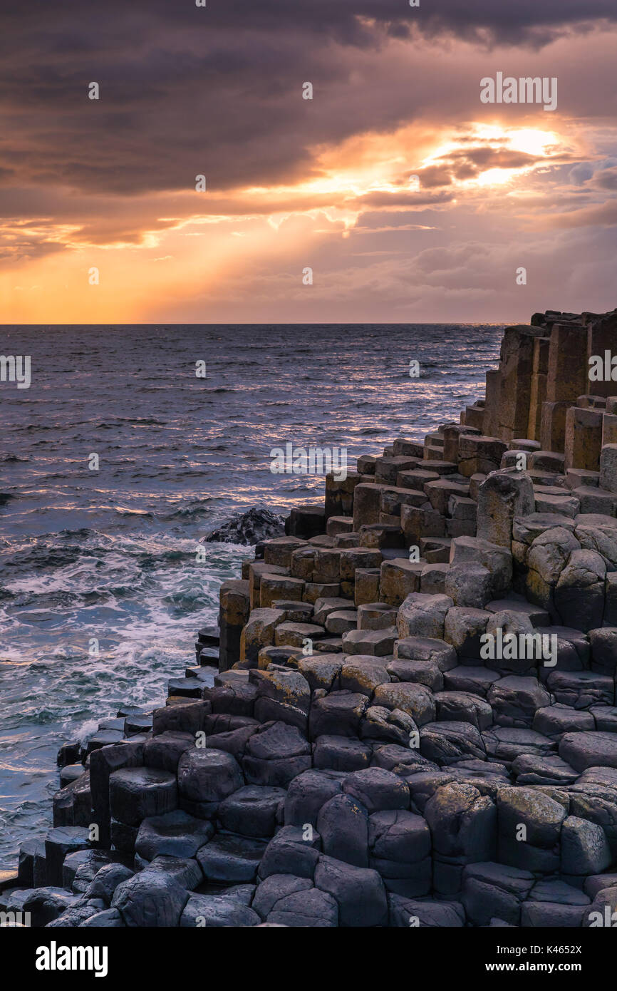 Le Giant's Causeway est une zone d'environ 40 000 colonnes de basalte d'enclenchement, le résultat d'une ancienne éruption volcanique. Il est situé dans le comté de Antri Banque D'Images