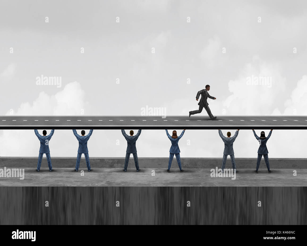 Le soutien du groupe d'affaires comme la diversité de la main-d'équipe de gens tenant ensemble une route pour aider un chef de courir vers le succès avec 3D illustration elem Banque D'Images
