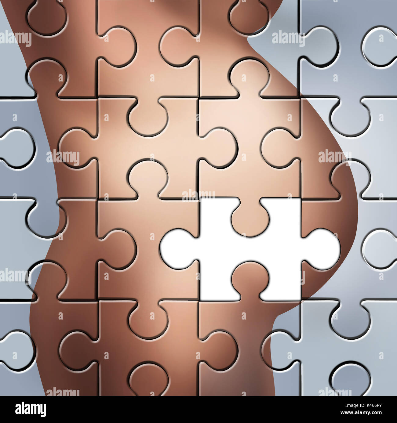Solution de la grossesse et l'accouchement difficile que une femme enceinte ventre comme un puzzle avec une pièce manquante dans un style 3D illustration. Banque D'Images