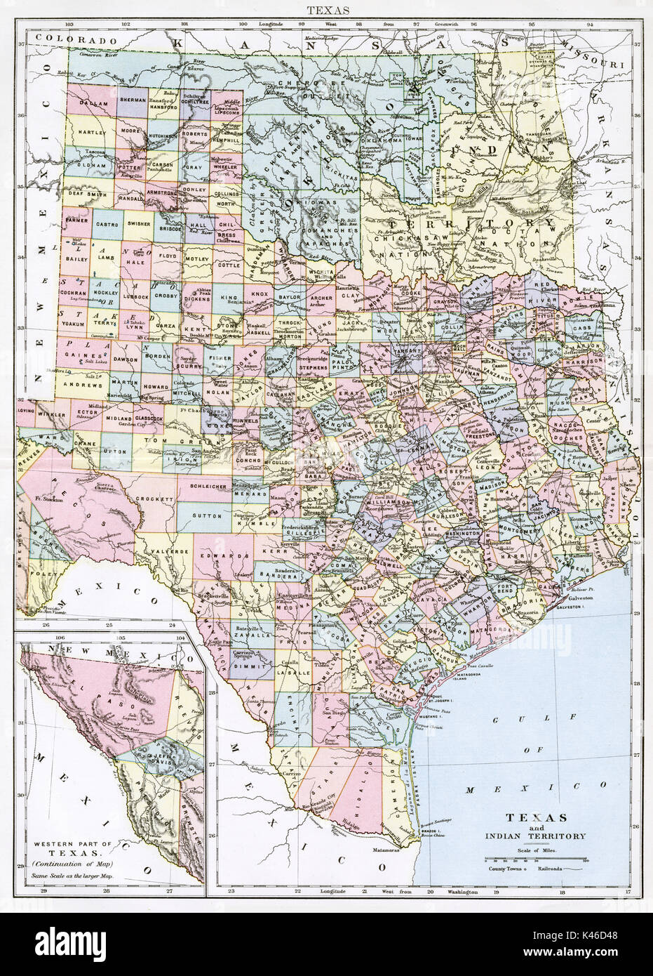 Carte antique, vers 1875, du Texas Banque D'Images