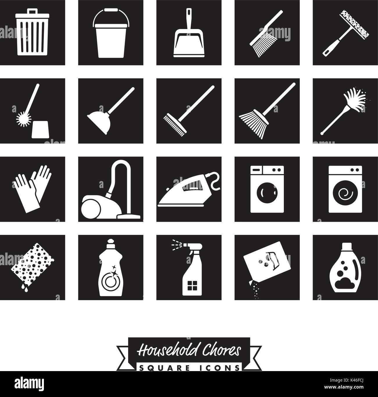 Collection de 20 icônes noir carré les tâches ménagères Illustration de Vecteur