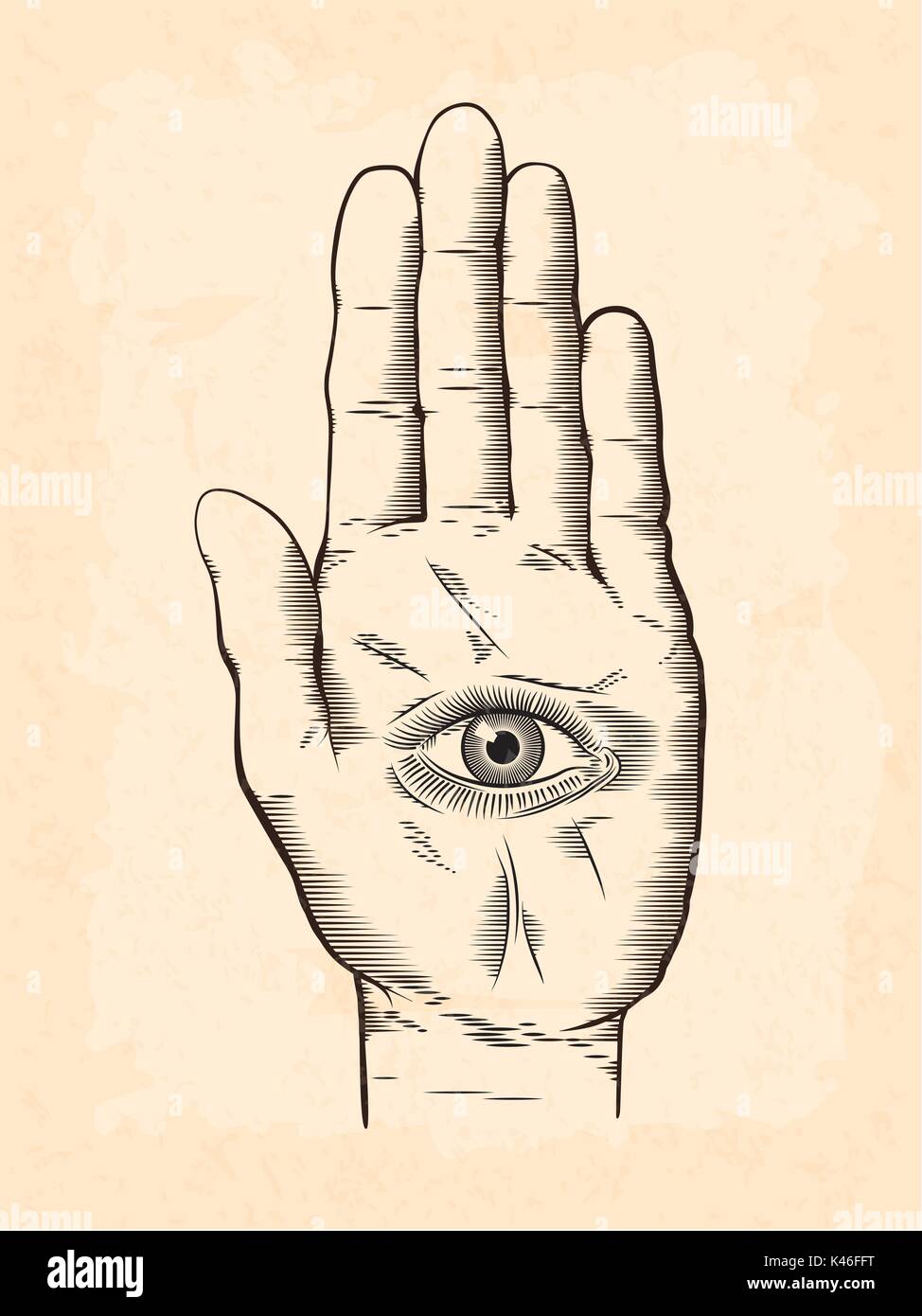 Vector illustration d'Hamsa mystique œil qui voit tout en main. Vintage style gravé le dessin avec texture grunge overlay. Illustration de Vecteur